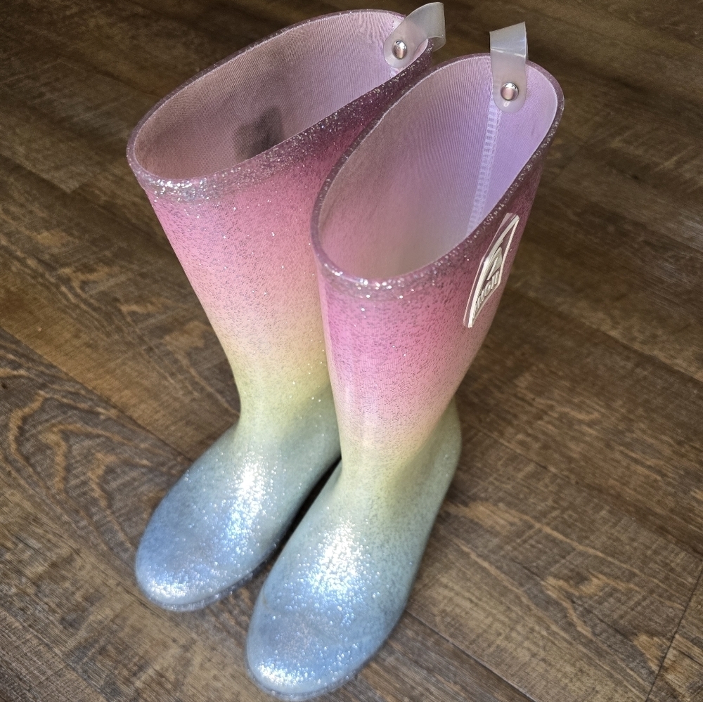 Kids Rain Boots Pink Yellow Blue Ombre Sparkly Size 33 US 1.5